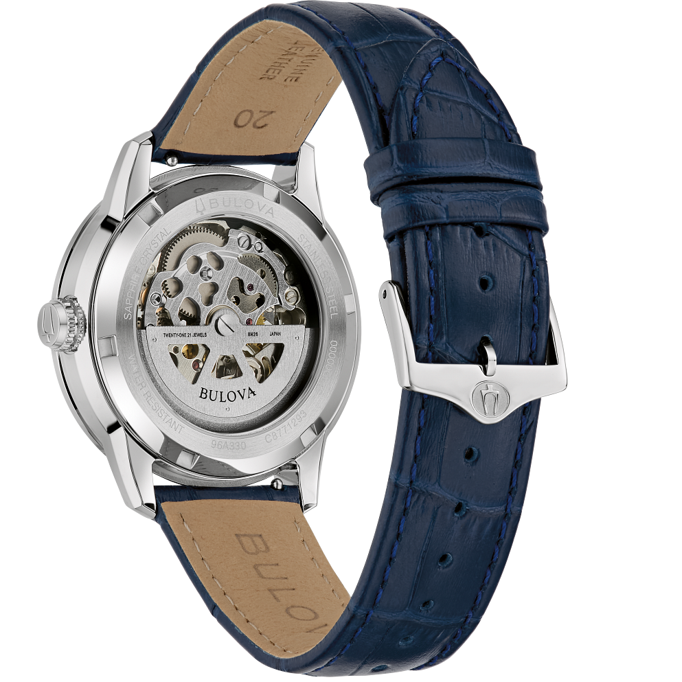 Bulova men’s Sutton Automatic skeleton blue leather strap