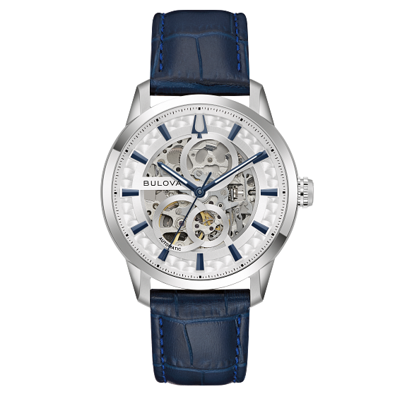 Bulova men’s Sutton Automatic skeleton blue leather strap